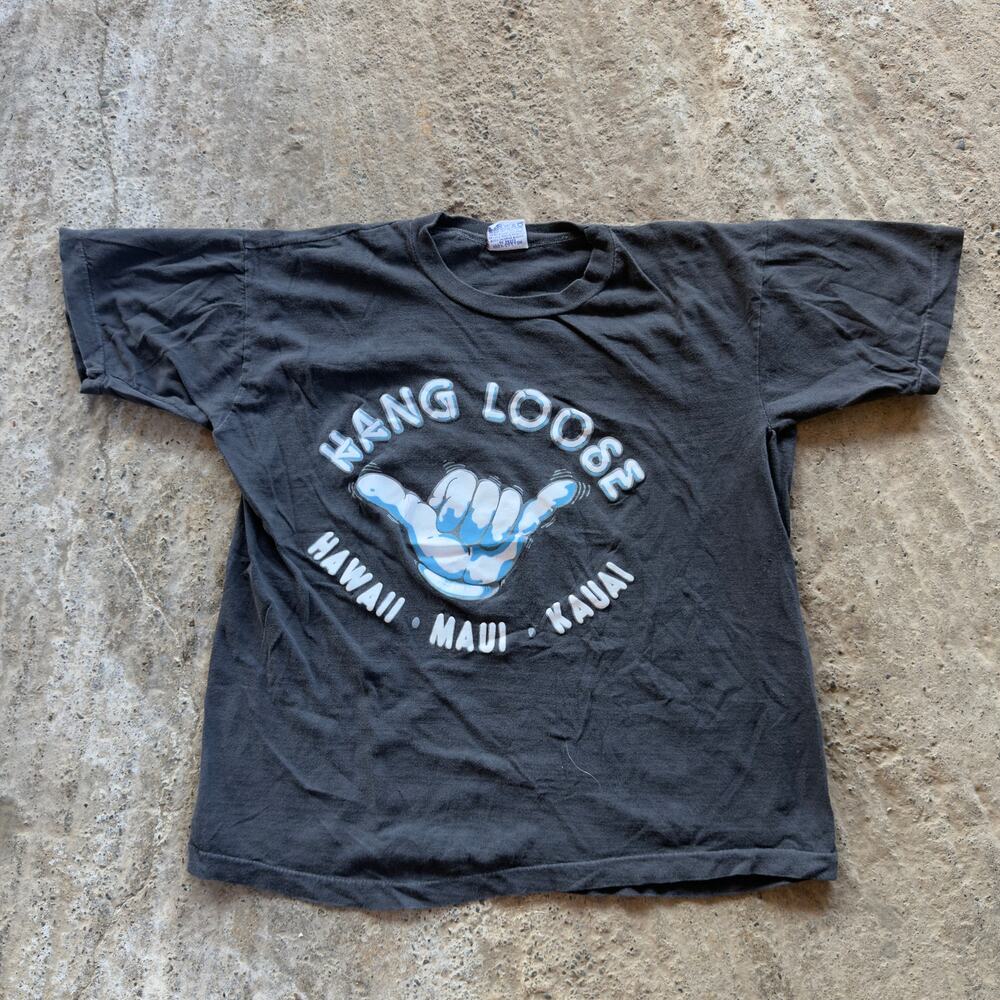 Vintage Hang Loose Hawaii Maui Kauai Surf Shirt Graphic Tee Men's XL 90s Black